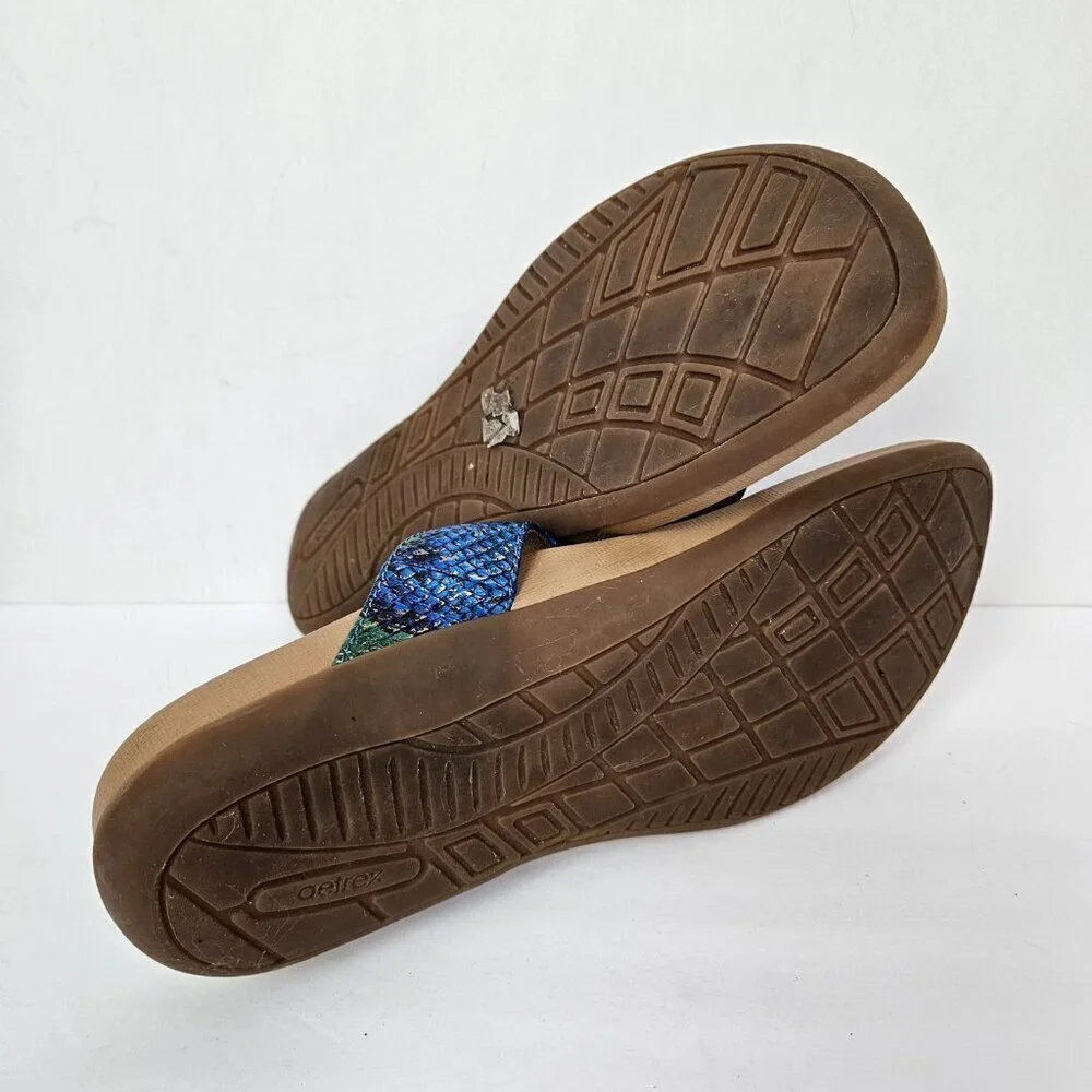 Aetrex Rita Blue Snake Embossed Faux Leather Band Comfort Flip Flop US 7.5-8.0